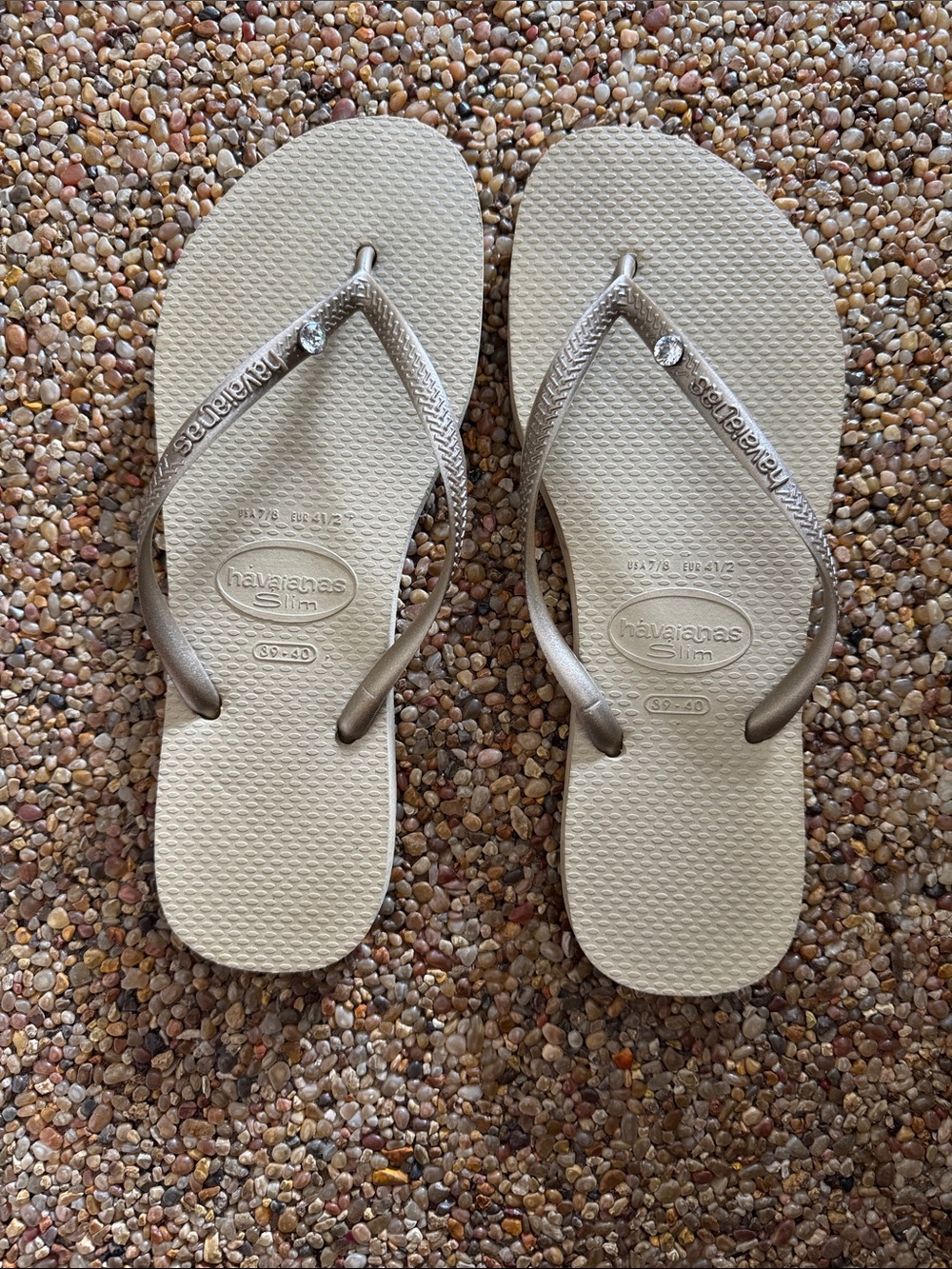 Havaianas Slim Flip Flops in Metallic Gold and Beige